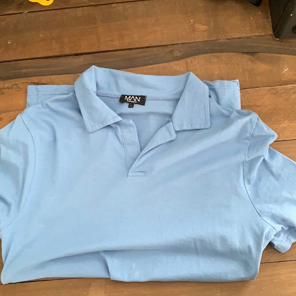 Blue and cream polo shirts